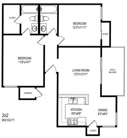 Two Bedroom Two Bath Floor Plan 900 Sq.Ft. at The Trails at San Dimas, 444 N. Amelia Avenue, CA