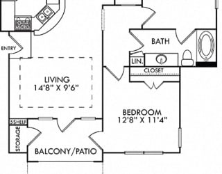 The Torino with Fenced-in Yard. 2 bedroom apartment. Kitchen with bartop open to living/dining rooms. 1 full bathroom. Walk-in closet. Patio/balcony open to yard.