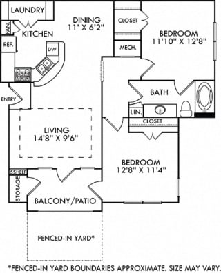 The Torino with Fenced-in Yard. 2 bedroom apartment. Kitchen with bartop open to living/dining rooms. 1 full bathroom. Walk-in closet. Patio/balcony open to yard.