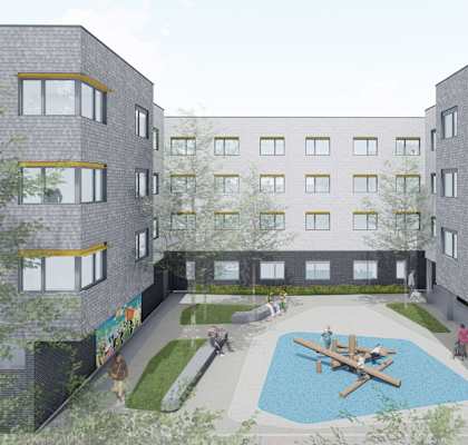 a rendering of a courtyard with a pool in the middle