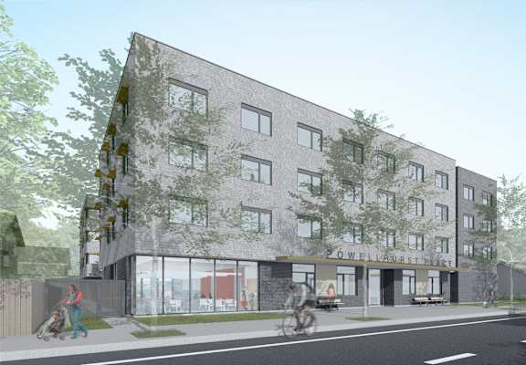 a rendering of a brick building on a city street