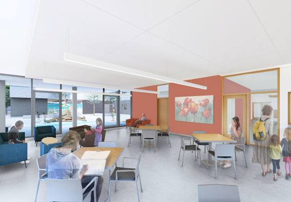 a rendering of a classroom with children and educators at tables and chairs