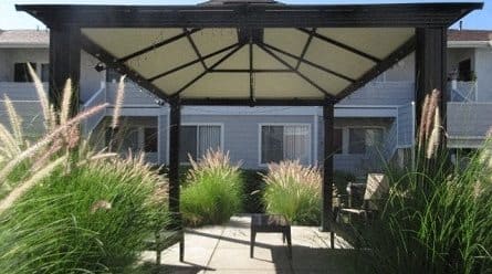 Outdoor gazebo surrounded by plants