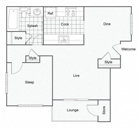 Floor Plan  The Oak 1x1 718 sqft