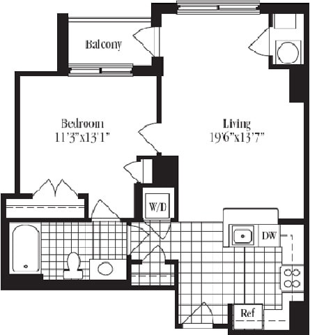 1 bed 1 bath floorplan for The Beaumont, at Wentworth House,North Bethesda, MD, 20852