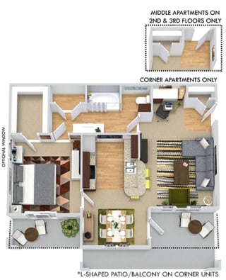 Ashton 3D. 1 bedroom apartment. Kitchen with bartop open to living/dinning rooms. 1 full bathroom. Walk-in closet. Patio/balcony.