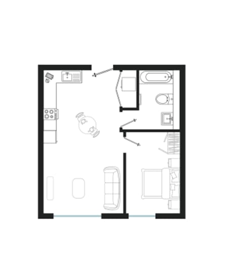 a floor plan of a small apartment with a bedroom and a bathroom