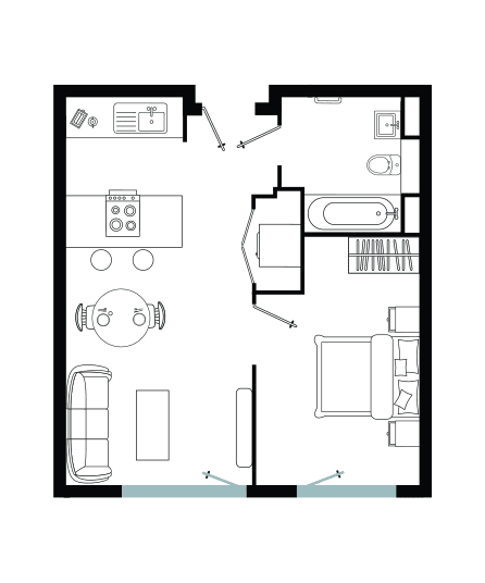 a floor plan of a small apartment with a bedroom and a bathroom