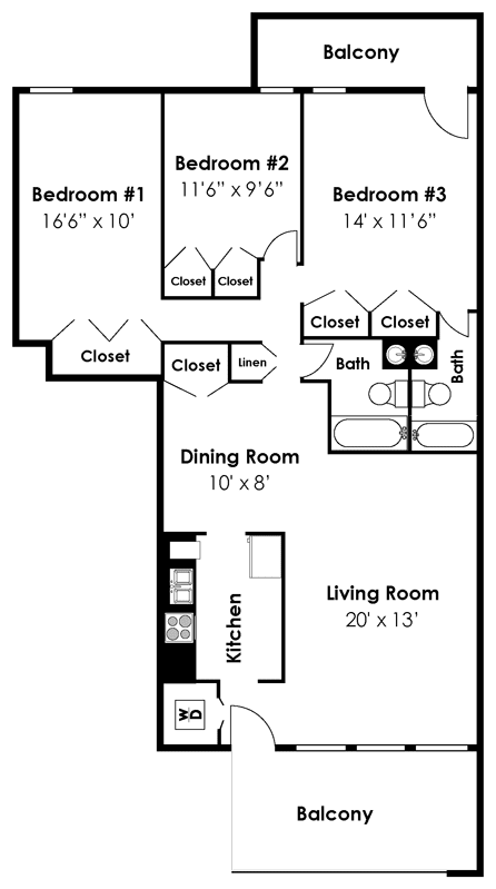 3 Bedroom 1 Bath 1114 sf Floor Plan at Brook View Apartments, Baltimore, MD