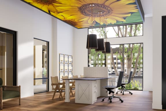 a home office with a large sunflower painted on the ceiling at Weylyn Luxury Apartments, Arizona