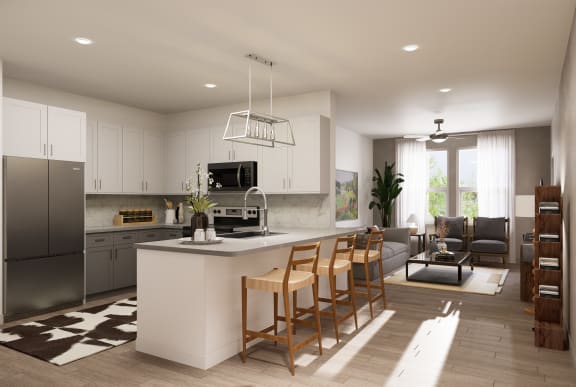 an open kitchen and living room with a white island and chairs