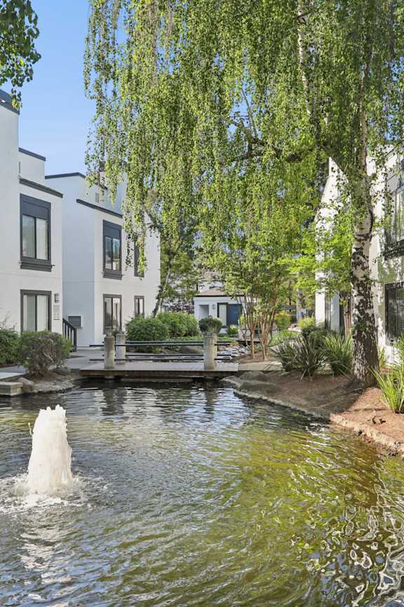 A fountain in the middle of a pond in front of apartment buildings.