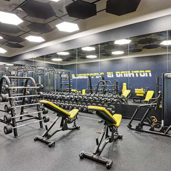 A gym with a variety of equipment including weights and benches.