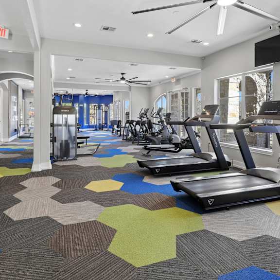 A gym with treadmills and exercise equipment.