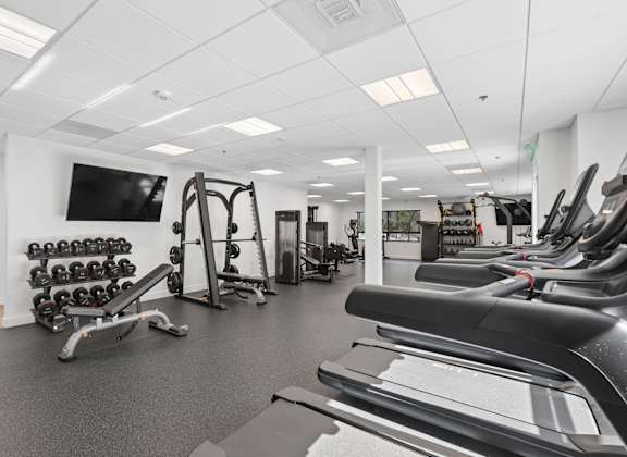 A gym with a variety of equipment including treadmills, weights, and exercise machines.