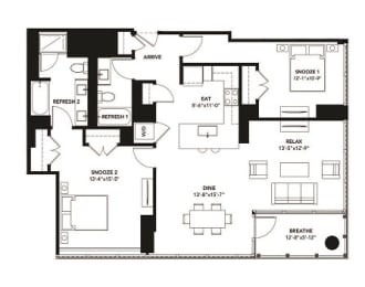 2 Bad 2 Bath Floor Plan with 1,289 Sq. Ft. at The Elle Apartments, Illinois, 60605