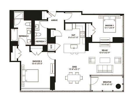 2 Bad 2 Bath Floor Plan with 1,289 Sq. Ft. at The Elle Apartments, Illinois, 60605