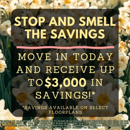 A promotional image for rent-free flowers at The Kelly at Twenty Third.