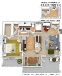 3D Ansdale. 1 bedroom apartment. Kitchen with bartop open to living/dinning rooms. 1 full bathroom, double vanity. Walk-in closet. Patio/balcony.
