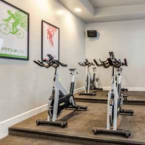 A room with a wall that says Fitness and a row of stationary bikes.