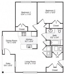 2 Bedroom 2 Bath Garden 2D Floorplan, Bedford Hill Apartments, Pittsburgh, PA