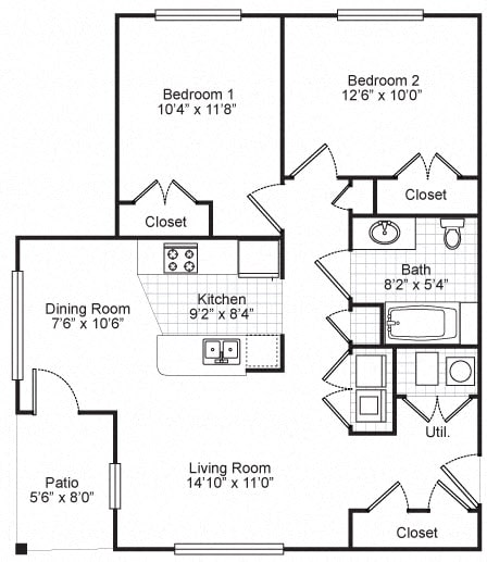 2 Bedroom 2 Bath Garden 2D Floorplan, Bedford Hill Apartments, Pittsburgh, PA