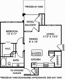 Hawthorne with Kitchen, Living, Dining, 1 Bedroom, 1 Bath, Attached Garage and Fenced-in Yard