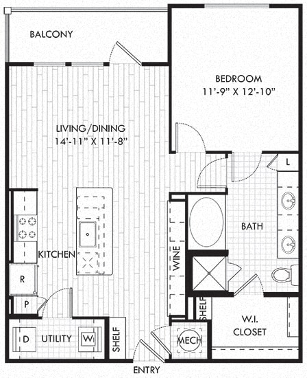The White. 1 bedroom apartment. Kitchen with bartop open to living/dinning rooms. 1 full bathroom double vanity, tub and shower stall. Walk-in closet. Patio/balcony.