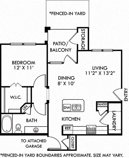 Hawthorne with Kitchen, Living, Dining, 1 Bedroom, 1 Bath, Attached Garage and Fenced-in Yard