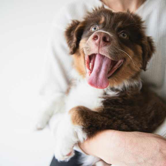 A person is holding a brown and white puppy with its tongue out.