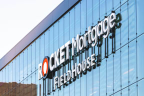 the facade of a building with a logo on it