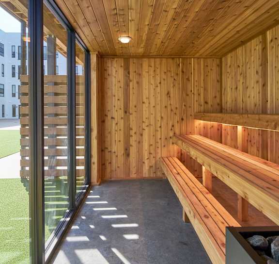A wooden room with a bench and a window.