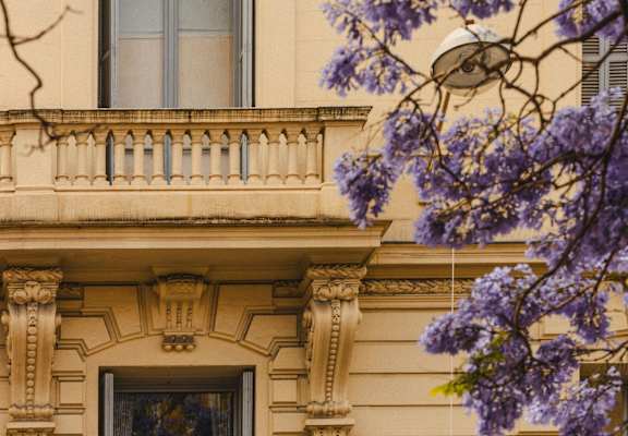 A building with a balcony and a window is adorned with purple flowers.