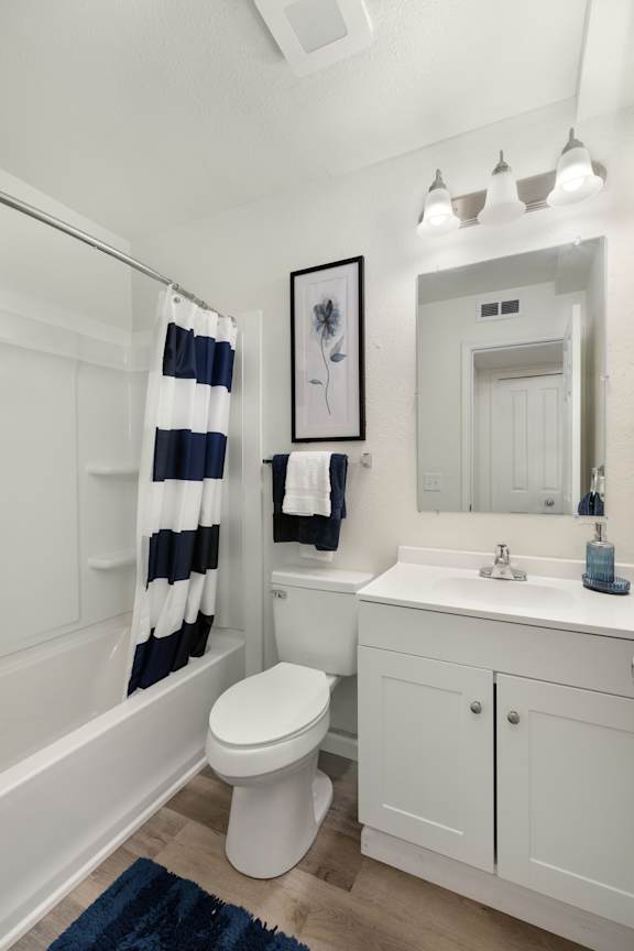 A white bathroom with a blue rug and a white toilet.