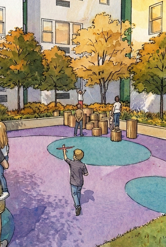 an outdoor area with a fire pit in front of an apartment building