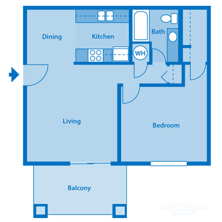 Catalina Canyon 1A Floor Plan Image depicting layout. Balcony, living room and kitchen on the left. Bedroom, closet and bathroom on the right.