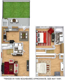 Biltmore with Fenced-in Yard. 2 bedroom townhome. Kitchen ,living, and dinning rooms. 1 full bathroom + powder room. Patio/balcony open to yard.