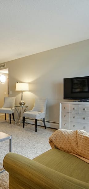 A living room with a green couch and a white coffee table. at Oakwood, Plymouth, MN, 55447