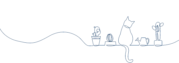 A line drawing of a cat sitting on a table with various objects.