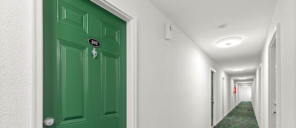 A hallway with a green door and carpet.