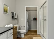 Thumbnail 1 of 5 - a bathroom with a shower and a toilet and a sink