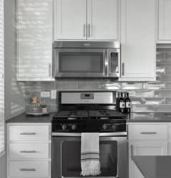 a black and white kitchen with a stove and a microwave at Park 205, Park Ridge, 60068