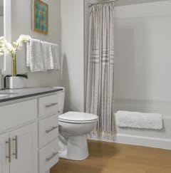 a white bathroom with a toilet and a shower at Park 205, Park Ridge, 60068