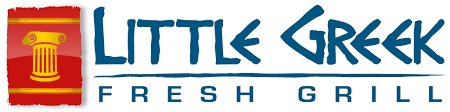 A logo for Little Creek Fresh Grill with a column and a red background.