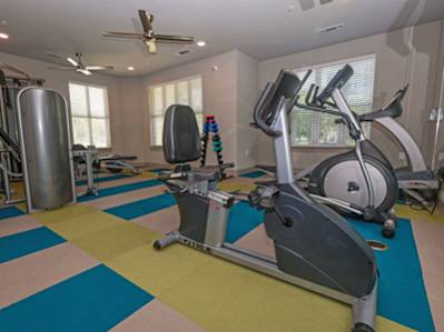 A room with a treadmill and exercise equipment.