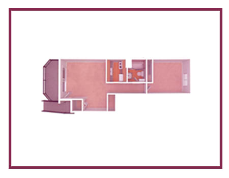 a stylized floor plan with a bedroom and a living room