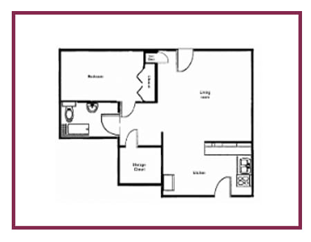 a stylized floor plan with a bedroom and a living room