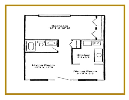 a stylized floor plan with a bedroom and a living room
