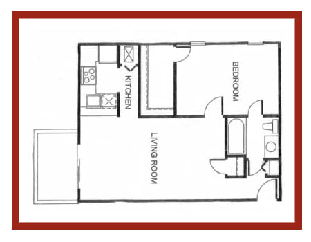 a stylized floor plan with a bedroom and a living room
