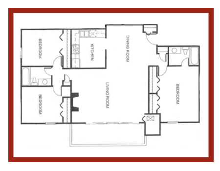 a stylized floor plan with a kitchen and a living room